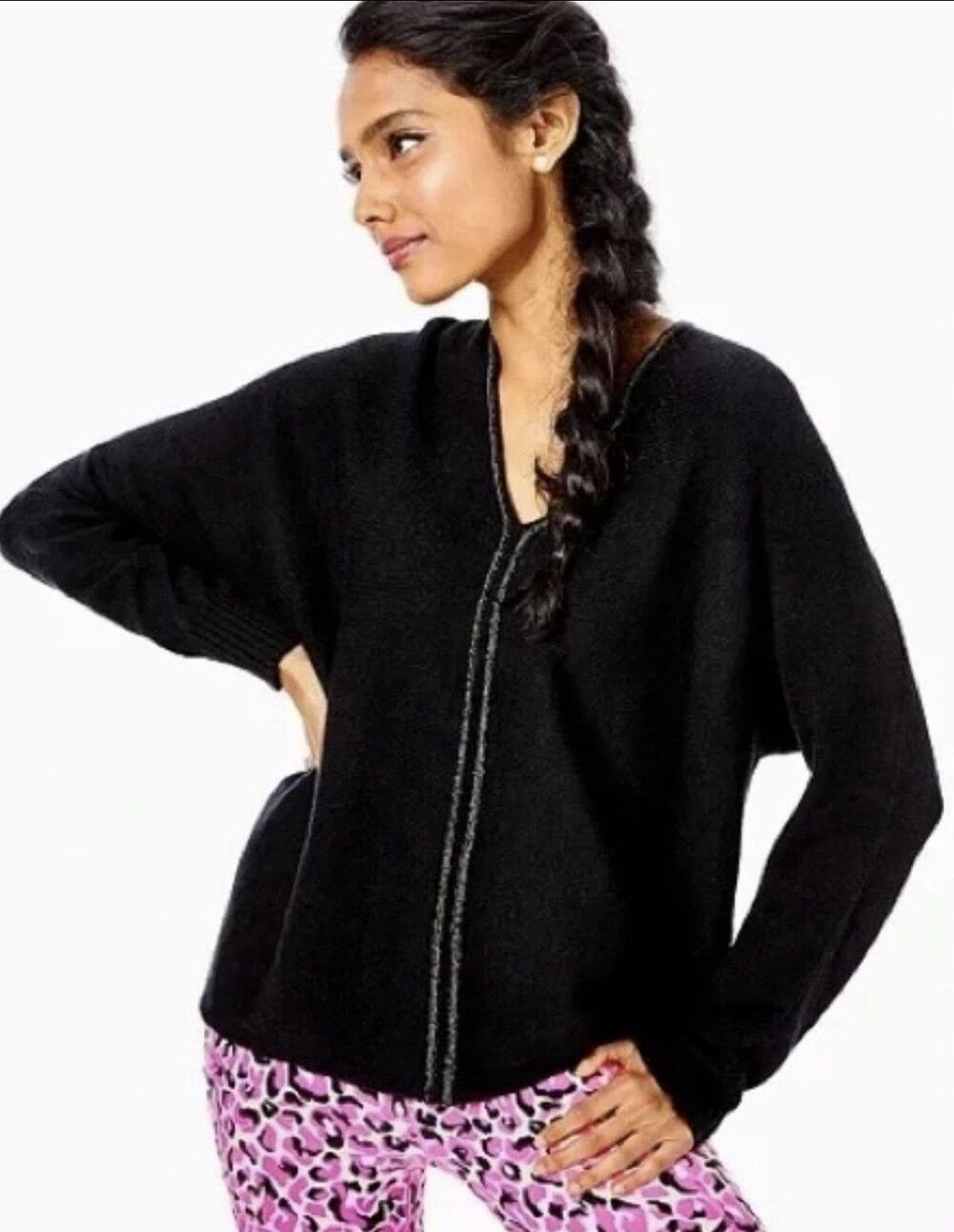 Lilly Pulitzer Sevie Tunic Sweater M Black V-Neck Dolman Metallic Detail Preppy